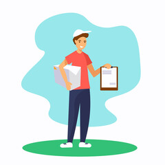 Delivery man holding box and clipboard with documents. Cargo or courier service, worldwide shipping