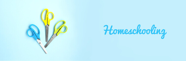 Set of blue, yellow and green scissors. Back to school