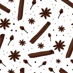 Spicy seamless pattern. Cinnamon and cloves, anise and pepper, aromatic spices for cooking food and drink, design for wallpaper, textile wrapping paper vector texture