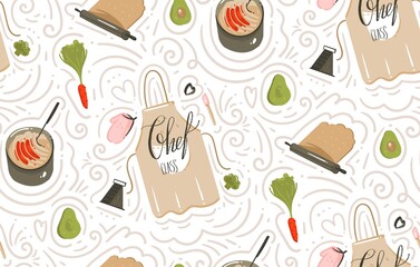 Hand drawn vector abstract modern cartoon cooking time fun illustrations icons seamless pattern with vegetables,apron,food,kitchen utensils and modern calligraphy isolated on white background