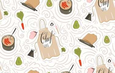 Hand drawn vector abstract modern cartoon cooking time fun illustrations icons seamless pattern with vegetables,apron,food,kitchen utensils and modern calligraphy isolated on white background