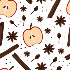 Spicy seamless pattern. Cinnamon and cloves, anise and pepper, apple and aromatic spices for cooking pie or mulled wine, design for wallpaper, textile wrapping paper vector texture