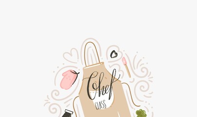 Hand drawn vector abstract modern cartoon cooking class illustrations poster with cooking apron,utensils and Chef class handwritten modern calligraphy isolated on white background