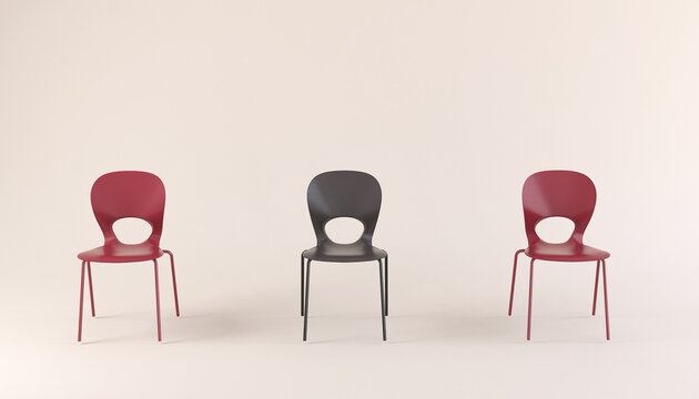 one different modern chair in distance, Creative concept image for  outstanding idea or black sheep, office and organization team work philosophy with copy space for text, 3D rendering. 