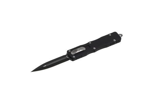 Switchblade (automatic) out-the-front (OTF) knife with black handle and black tactical blade (double edge). Pocket penknife with retractable blade