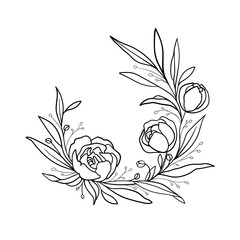 Rose wreath, Peony Floral wreath on white background, Rose wreath illustration for wedding invitation	