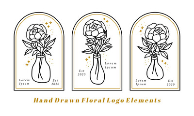 Feminine beauty logo elements with peony flower, leaf branch, and bottle