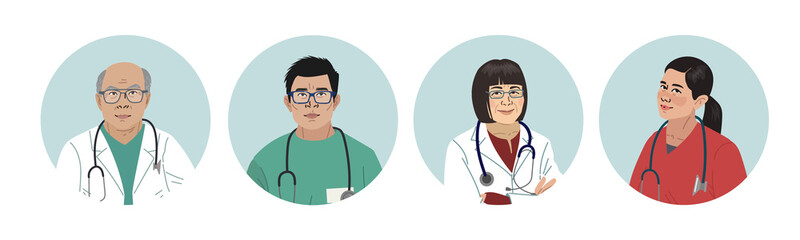 Fototapeta premium Asian Medics. Chinese Medical Characters. Doctors and nurses round portraits, team of doctors concept, medical office or laboratory. Modern flat vector concept digital people vector illustration