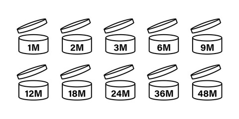 Pao period after opening icon. Vector isolated sign, icon.  Expiration date signs: 1m, 2m, 3m, 6m, 9m, 12m, 18m, 24m, 30m, 36m, 48m. Stock vector.