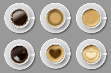 Coffee mug top view collection isolated. Black coffee, cappuccino espresso, latte, mocha, americano cup. vector realistic template