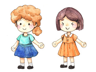 Watercolor illustration of two cute girls, Asian and Western, are friends. Isolated on white background. Decoration and pattern.