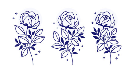 Set of hand drawn botanical blue rose flower and leaf elements