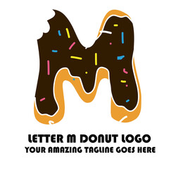 The Best and Delicious Letter M Donuts Shop Logo for Cafe and Bakery. Bitten Chocolate Donut with Initial Lettering Logotype Vector Illustration on White Background

