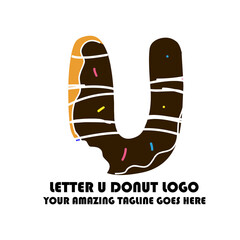 The Best and Delicious Letter U Donuts Shop Logo for Cafe and Bakery. Bitten Chocolate Donut with Initial Lettering Logotype Vector Illustration on White Background

