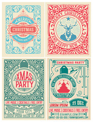 Set of 4 Christmas party flyer retro typography and ornament decoration. Christmas holidays invitation or poster design. Vector illustration.