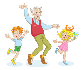 Happy family. Grandfather, funny boy and little girl are dancing together. In cartoon style. Isolated on white background. Vector illustration.