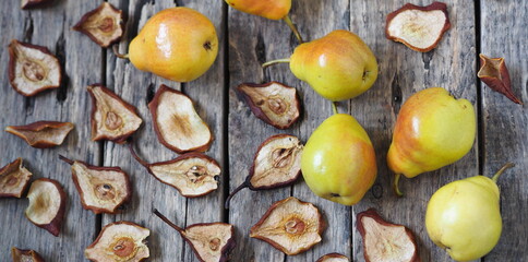 Space for text. Healthy snack. Homemade pear chips. Organic pear chips. Dried fruits. Healthy sweet...