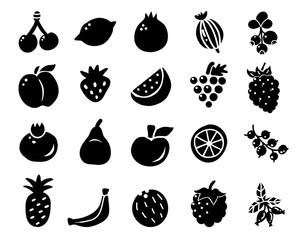 Fruit and berry silhouette vector icons. Cherry, strawberry, pear, peach, grape, apple, banana, pineapple, watermelon, orange, coconut, raspberry and other.