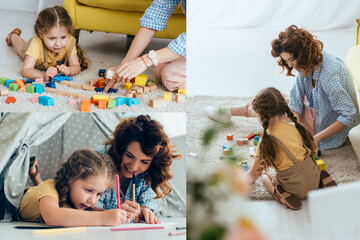 collage of nanny and child playing with multicolored block and drawing in toy wigwam © LIGHTFIELD STUDIOS
