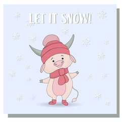 Cute bull character in a cap. Snowfall and ox