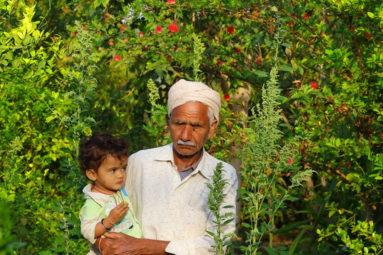 Grandfather And Little Child Standing In The Home Garden , India