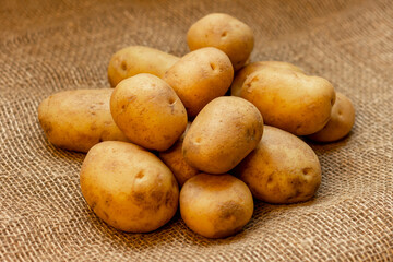 Tubers of young potatoes of a new crop lying on a table covered with burlap.