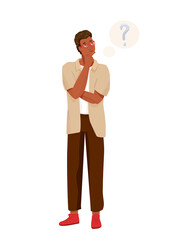 Think concept vector background. African american thoughtful man looking up thinking about solve problem. In full lengths. Question mark bubbles. Illustration of idea brainstorm isolated on white