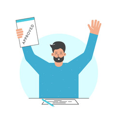Vector concept. Flat cartoon style. Happy adult man sits at the table with documents and pen. He holds accepted contract after successful deal when bank aprroved loan to buy home. Minimalistic design