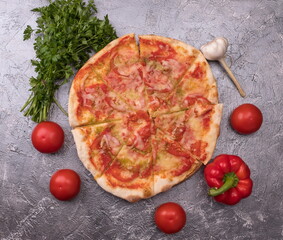 Tasty pepperoni pizza on vintage style wood background