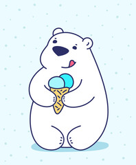 Happy little cute bear holding ice cream horn. Vector illustration of lovely cartoon white sitting bear on light background with snow.