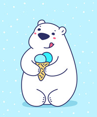 Vector illustration of lovely cartoon white bear holding ice cream horn on blue background with snow. Happy little cute bear.