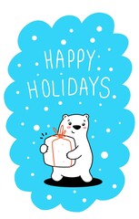 Vector illustration of lovely cartoon white bear with present on
