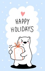 Happy little cute bear with present. Vector illustration of love