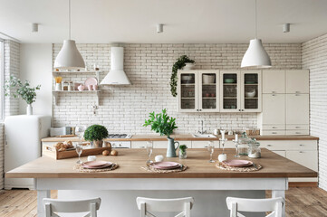 Modern kitchen at home with white interior