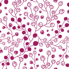 Floral buds and branches magenta silhouette seamless pattern background