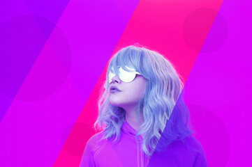 Art collage with alternative funky girl with blue hair on a bright blue purple background. Close up fashion portrait young beautiful woman in glasses. Unusual youth fashion concept.