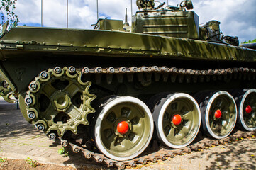 Military tank track wheels. Army vehicles green. 08 August 2020 Minsk Belarus