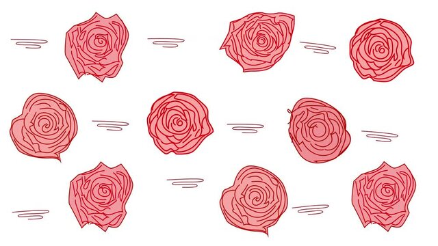 Hand drawn animation background with moving red and pink roses. Light pink background.