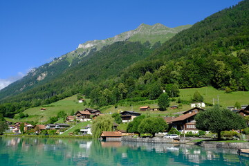 Fototapeta na wymiar Oberreid village and Brienzersee lake, Berner Oberland, Switzerland