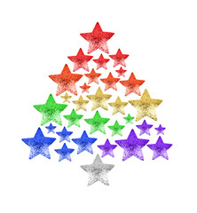 Christmas tree made of shiny stars LGBTQ community rainbow flag colors white background isolated close up, New Year decoration, LGBT pride xmas festive symbol, gay, lesbian etc winter holidays sign