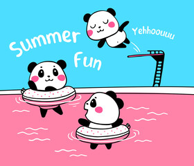 Vector illustration of lovely cartoon pandas swim in the pool with a springboard. Happy little cute panda in swimming circles.