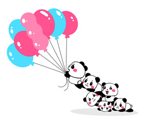 Vector illustration of lovely cartoon pandas take off with bundle of pink and blue color balloons on white background. Happy little cute panda.