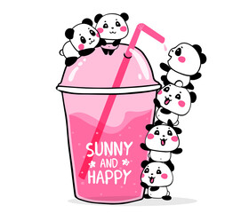 Happy cute pandas drink fruit pink cocktail in a plastic glass to take and go with a straw on white background. Vector illustration of many lovely cartoon pandas.