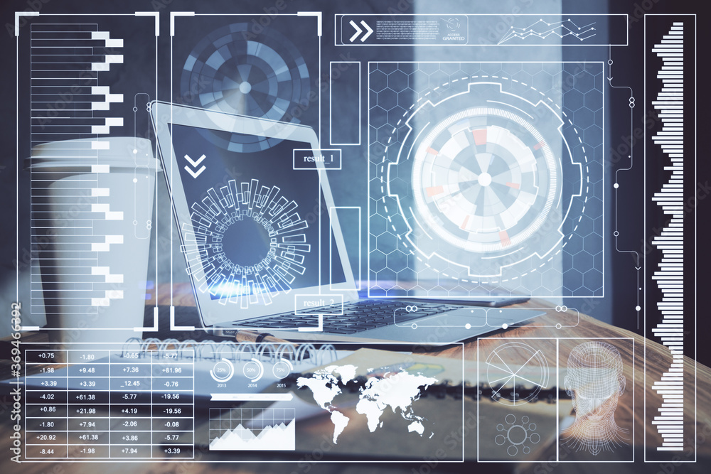 Wall mural double exposure of desktop computer and technology theme hologram. concept of software development.