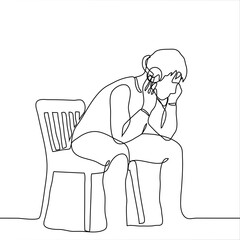 young man sits on a chair with headphones on, his elbows rest on his hips, he is focused on listening to music / audio book / podcast. One continuous line art, black and white outline drawing