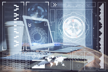 Double exposure of desktop computer and technology theme hologram. Concept of software development.