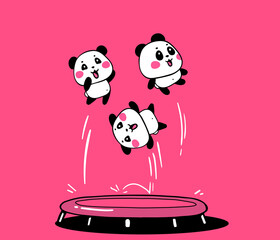 Vector illustration of lovely cartoon pandas jump on a trampoline on pink background. Happy cute pandas fly high in the air.