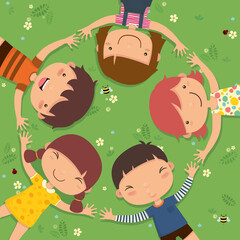 kids laying on grass, Vector, Illustration