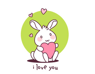 Happy little cute bunny with heart on white background. Vector illustration of lovely cartoon rabbit holding a pink heart.