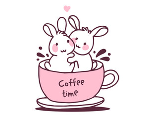 Two happy little cute bunny hug with heart in cup of coffee. Vector illustration of lovely cartoon two white rabbit on white background.